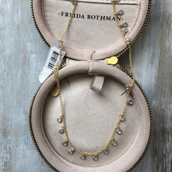 FREIDA ROTHMAN SIGNATURE BEZEL DROP NECKLACE, NEW WITH TAGS, GOLD AND SILVER - Picture 3 of 11